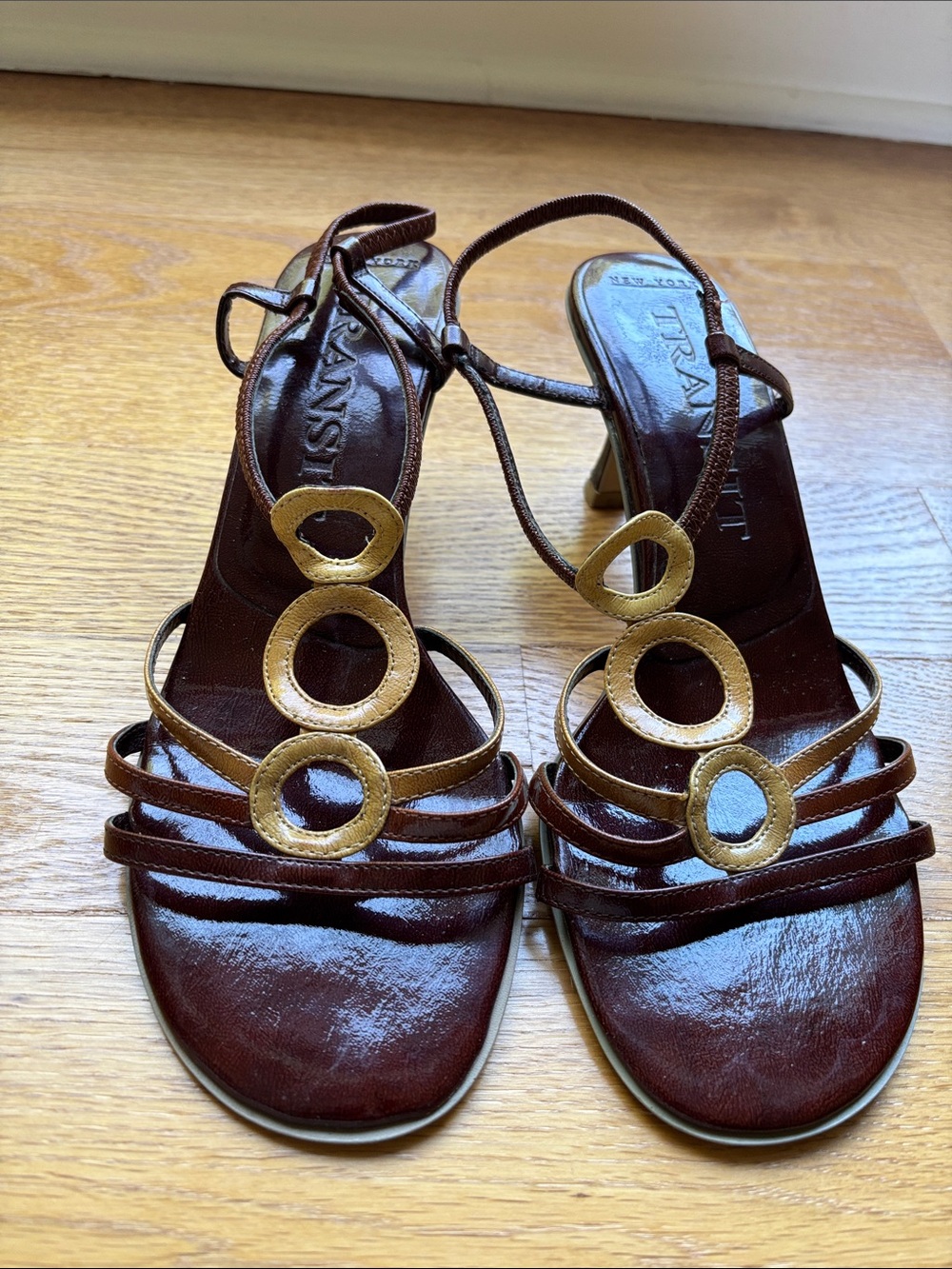 New York Transit Brown Strappy Heels with Gold Ring Accents